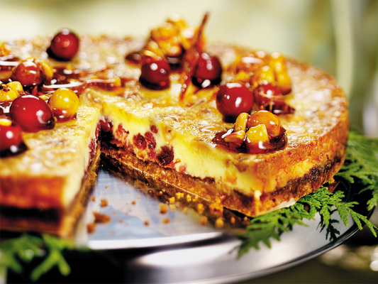 Tarte de chocolat blanc au caramel de noisettes et canneberges
